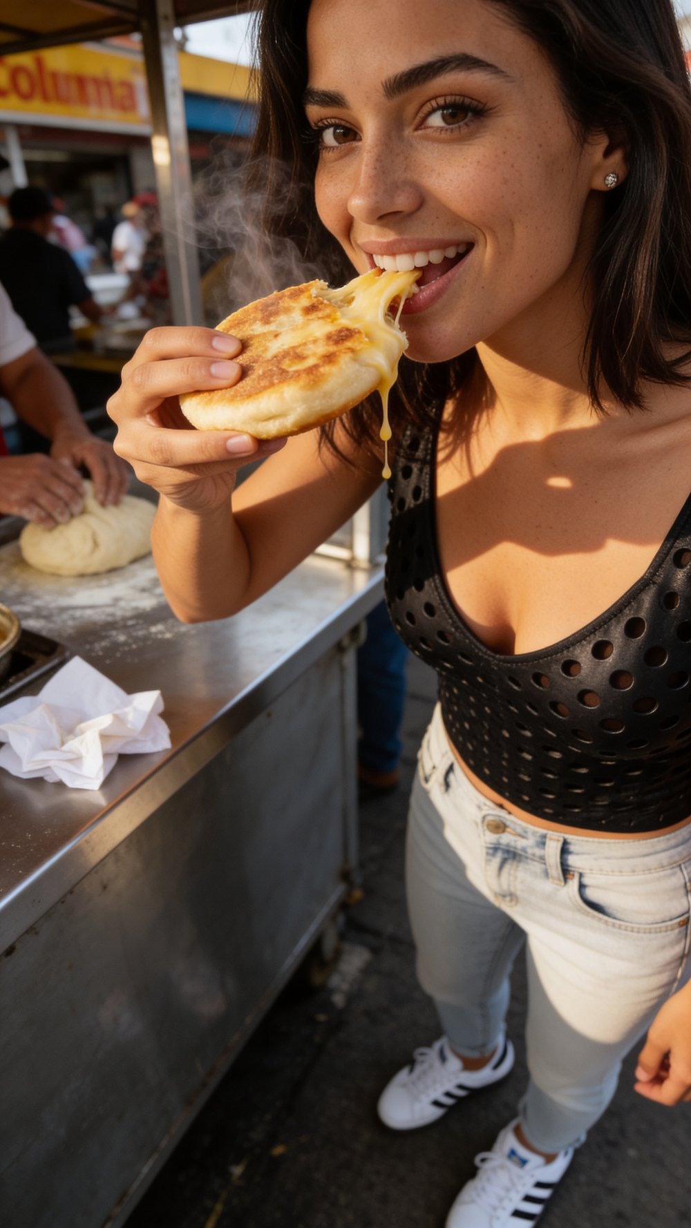 Isabella Costa comiendo una arepa en la calle