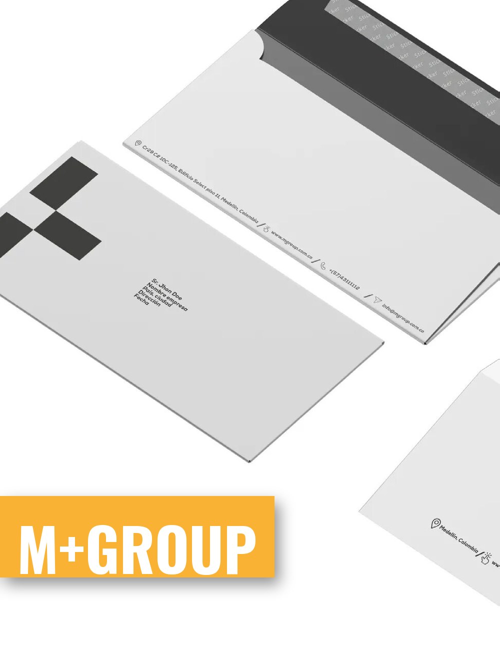 Portada del proyecto M+Group, papelería e identidad